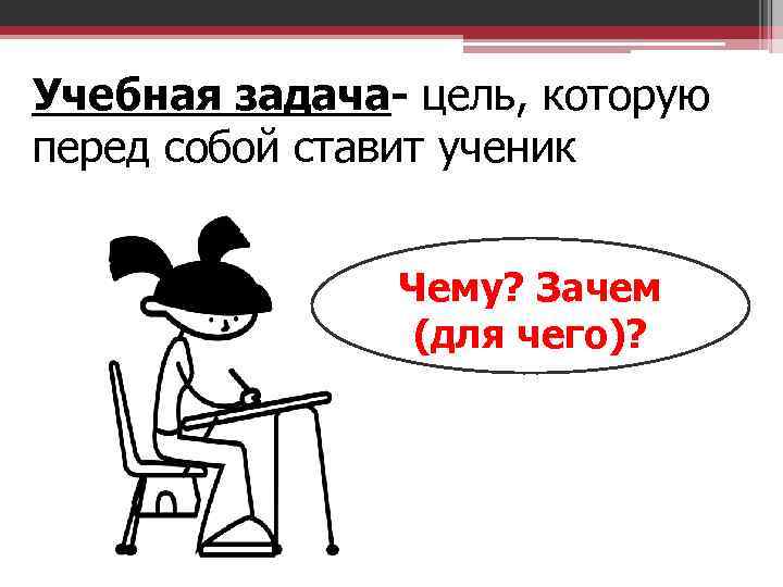 Учебная задача- цель, которую перед собой ставит ученик Чему? Зачем (для чего)? 