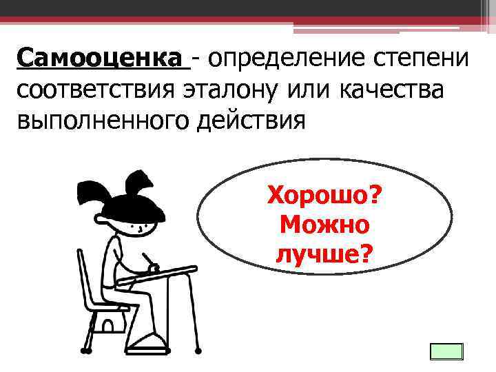 Самооценка - определение степени соответствия эталону или качества выполненного действия Хорошо? Можно лучше? 