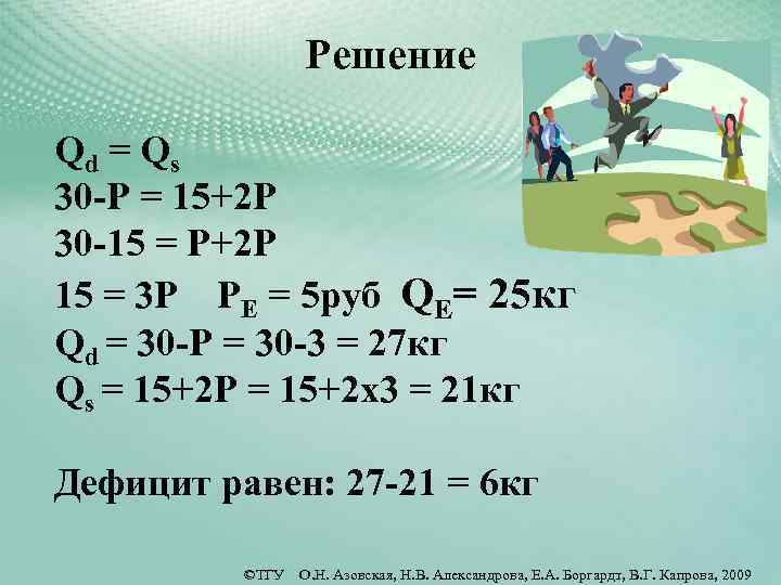 Решение Qd = Q s 30 -P = 15+2 P 30 -15 = P+2