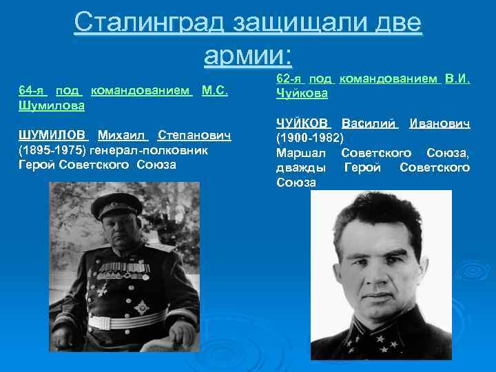 Сталинград защищали две армии: 64 -я под командованием М. С. Шумилова ШУМИЛОВ Михаил Степанович