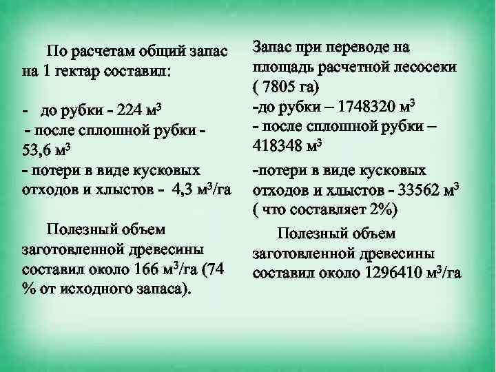 По расчетам общий запас на 1 гектар составил: - до рубки - 224 м