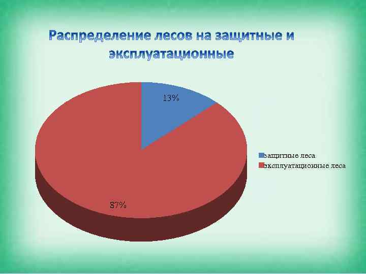 13% защитные леса эксплуатационные леса 87% 