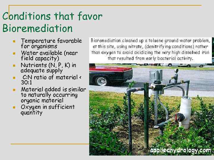 Conditions that favor Bioremediation n n n Temperature favorable for organisms Water available (near