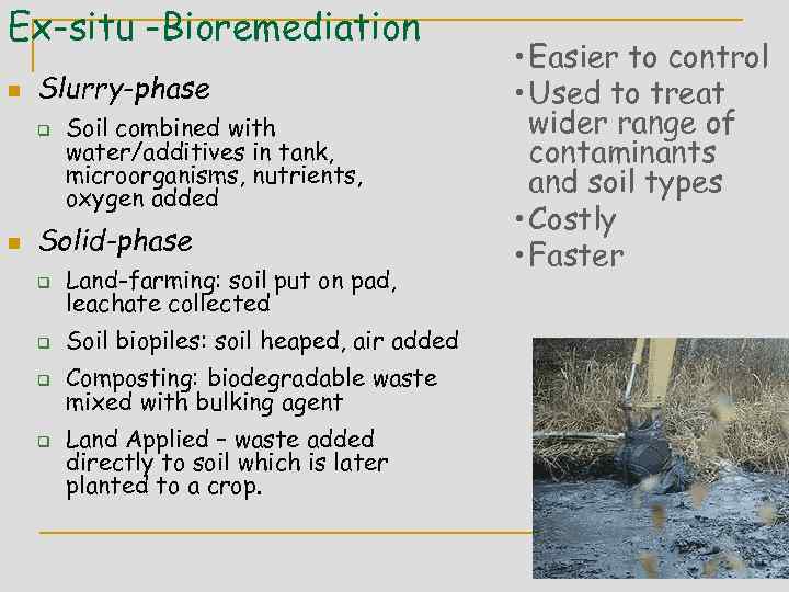 Ex-situ -Bioremediation n Slurry-phase q n Soil combined with water/additives in tank, microorganisms, nutrients,