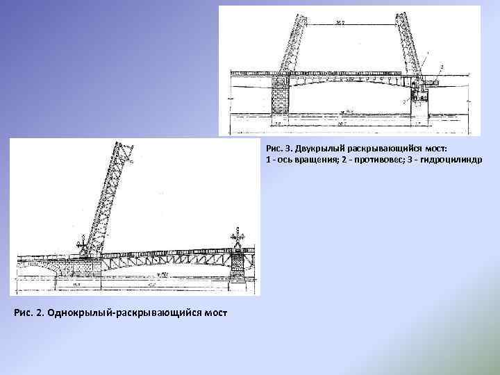 Рис. 3. Двукрылый раскрывающийся мост: 1 - ось вращения; 2 - противовес; 3 -