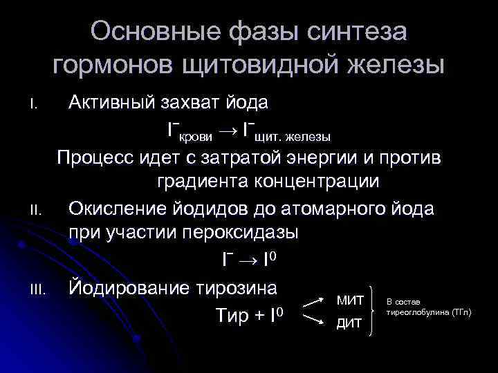 Основные фазы синтеза гормонов щитовидной железы I. III. Активный захват йода Iˉкрови → Iˉщит.