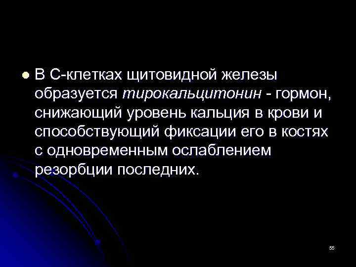l В С-клетках щитовидной железы образуется тирокальцитонин - гормон, снижающий уровень кальция в крови