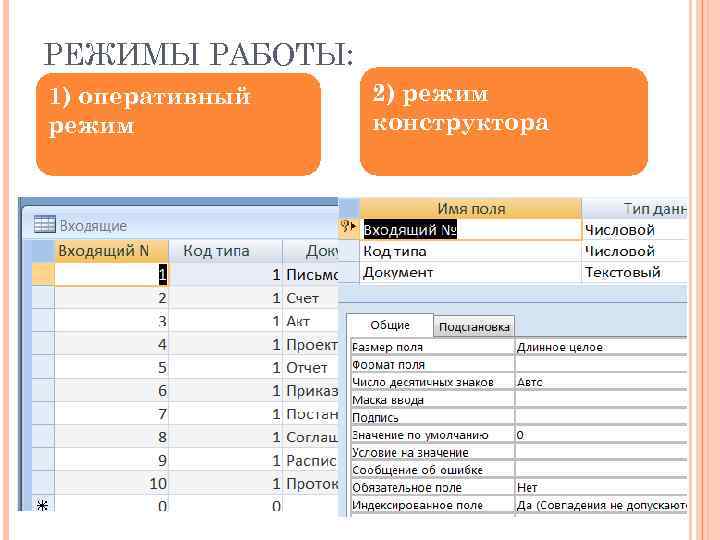 РЕЖИМЫ РАБОТЫ: 1) оперативный режим 2) режим конструктора 