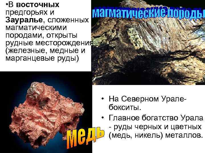  • В восточных предгорьях и Зауралье, сложенных магматическими породами, открыты рудные месторождения (железные,