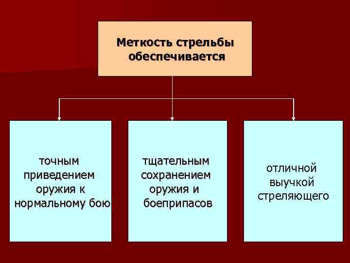 Меткость стрельбы обеспечивается точным приведением оружия к нормальному бою тщательным сохранением оружия и боеприпасов