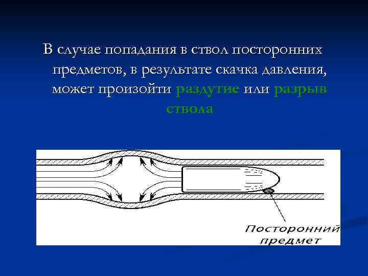 В случае попадания в ствол посторонних предметов, в результате скачка давления, может произойти раздутие
