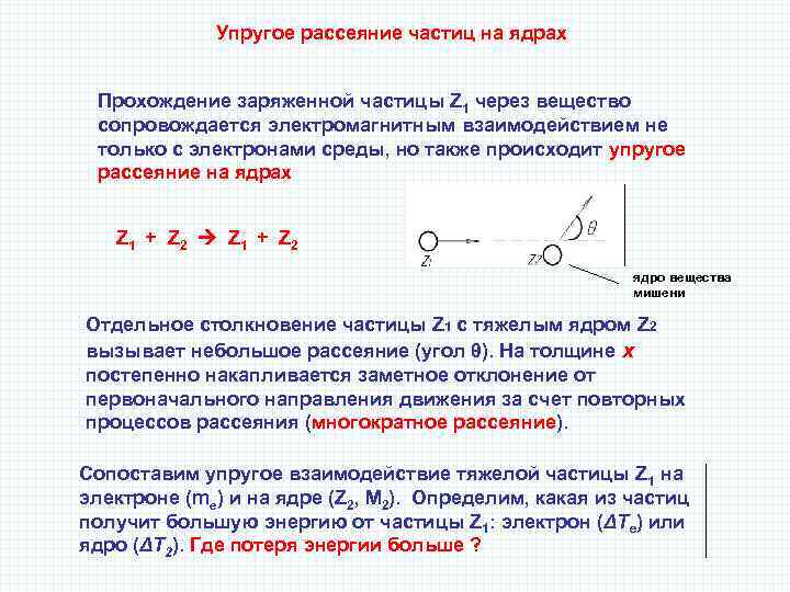 Упругое рассеяние частиц на ядрах Прохождение заряженной частицы Z 1 через вещество сопровождается электромагнитным