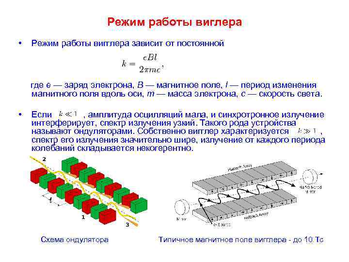 Режим работы виглера • Режим работы вигглера зависит от постоянной где e — заряд