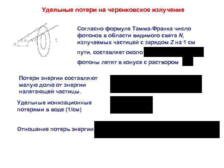Удельные потери на черенковское излучение Согласно формуле Тамма-Франка число фотонов в области видимого света