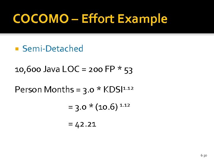 COCOMO – Effort Example Semi-Detached 10, 600 Java LOC = 200 FP * 53