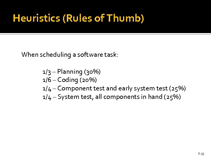 Heuristics (Rules of Thumb) When scheduling a software task: 1/3 – Planning (30%) 1/6