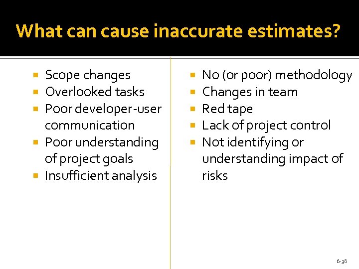 What can cause inaccurate estimates? Scope changes Overlooked tasks Poor developer-user communication Poor understanding