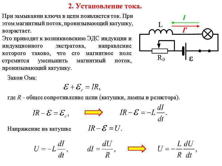 2. Установление тока. При замыкании ключа в цепи появляется ток. При этом магнитный поток,