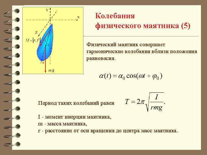 Колебания физического маятника (5) Физический маятник совершает гармонические колебания вблизи положения равновесия. Период таких