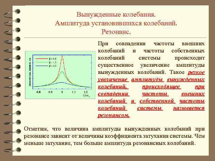 Вынужденные колебания. Амплитуда установившихся колебаний. Резонанс. При совпадении частоты внешних колебаний и частоты собственных