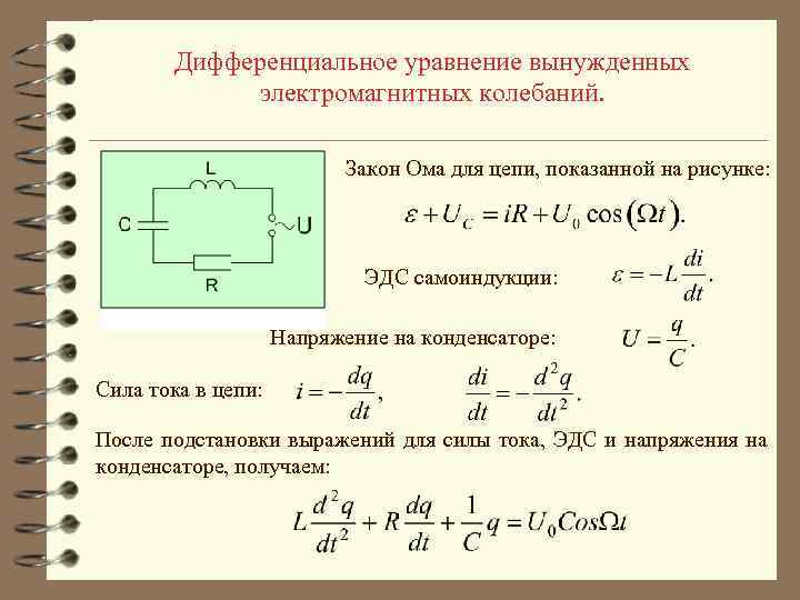 Дифференциальное уравнение вынужденных электромагнитных колебаний. Закон Ома для цепи, показанной на рисунке: ЭДС самоиндукции: