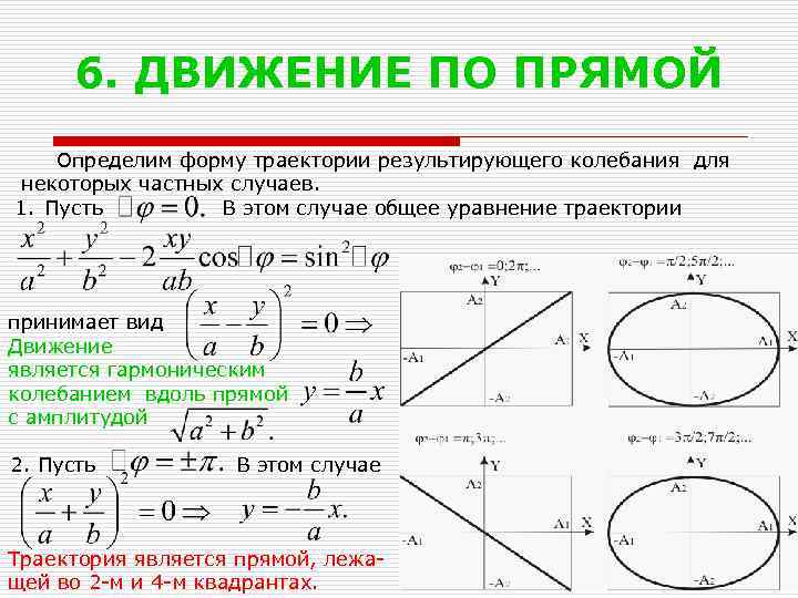 6. ДВИЖЕНИЕ ПО ПРЯМОЙ Определим форму траектории результирующего колебания для некоторых частных случаев. 1.