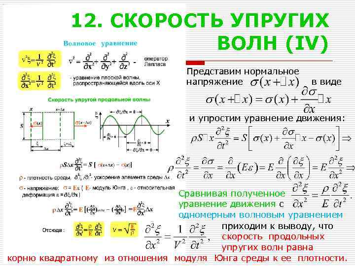 12. СКОРОСТЬ УПРУГИХ ВОЛН (IV) Представим нормальное напряжение в виде и упростим уравнение движения:
