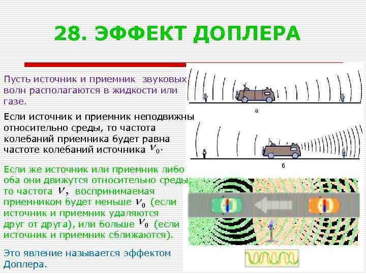 28. ЭФФЕКТ ДОПЛЕРА Пусть источник и приемник звуковых волн располагаются в жидкости или газе.