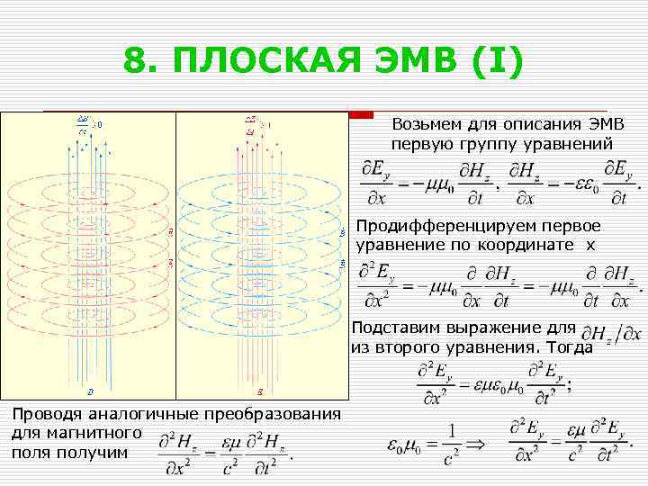 8. ПЛОСКАЯ ЭМВ (I) Возьмем для описания ЭМВ первую группу уравнений Продифференцируем первое уравнение