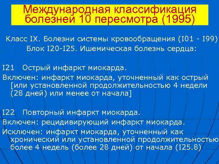 Международная классификация болезней 10 пересмотра (1995) Класс IX. Болезни системы кровообращения (I 01 -