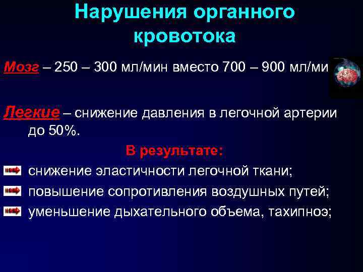 Нарушения органного кровотока Мозг – 250 – 300 мл/мин вместо 700 – 900 мл/мин.