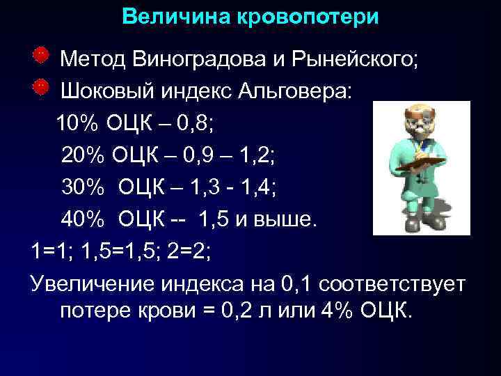 Величина кровопотери Метод Виноградова и Рынейского; Шоковый индекс Альговера: 10% ОЦК – 0, 8;