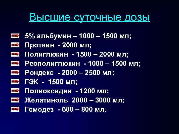 Высшие суточные дозы 5% альбумин – 1000 – 1500 мл; Протеин - 2000 мл;