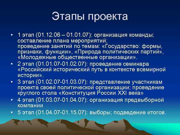 Этапы проекта • 1 этап (01. 12. 06 – 01. 07): организация команды; составление