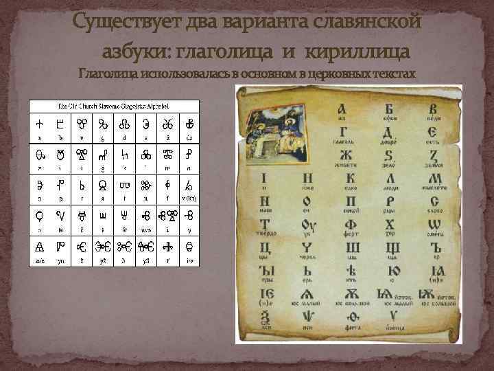 Существует два варианта славянской азбуки: глаголица и кириллица Глаголица использовалась в основном в церковных