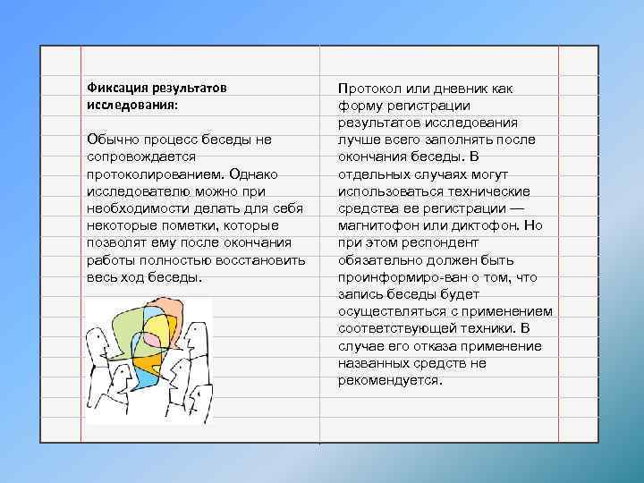 Фиксация результатов исследования: Обычно процесс беседы не сопровождается протоколированием. Однако исследователю можно при необходимости