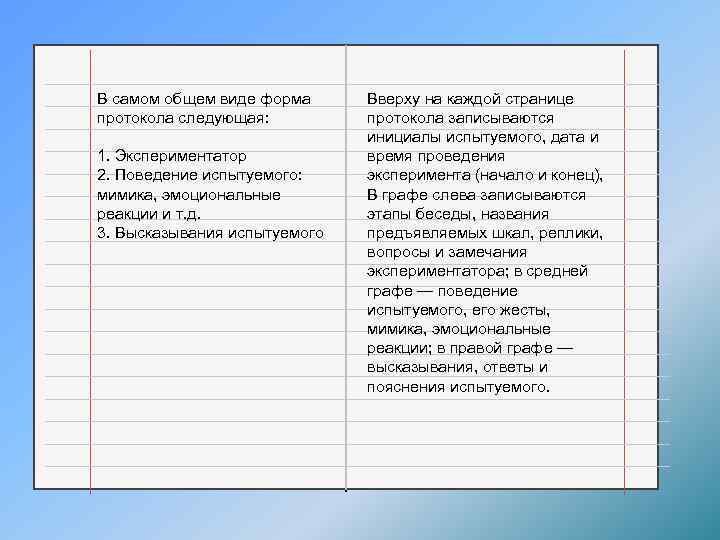 В самом общем виде форма протокола следующая: 1. Экспериментатор 2. Поведение испытуемого: мимика, эмоциональные