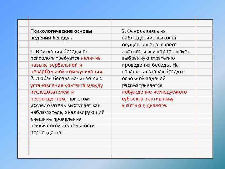 Психологические основы ведения беседы. 1. В ситуации беседы от психолога требуется наличие навыка вербальной