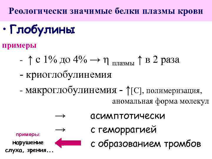 Реологически значимые белки плазмы крови • Глобулины примеры - ↑ с 1% до 4%