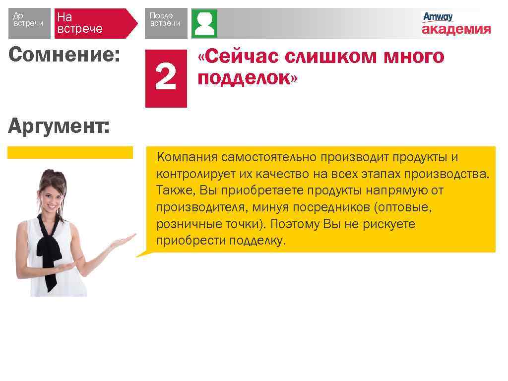 До встречи На встрече Сомнение: После встречи 2 «Сейчас слишком много подделок» Аргумент: Компания