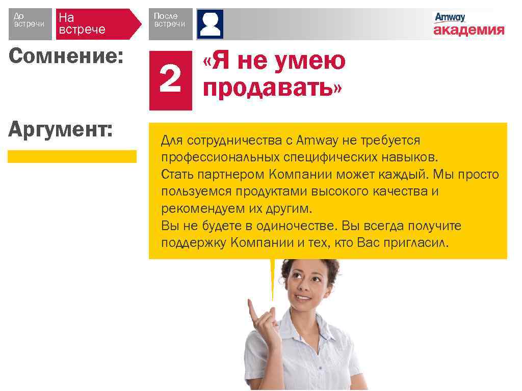 До встречи На встрече Сомнение: Аргумент: После встречи 2 «Я не умею продавать» Для