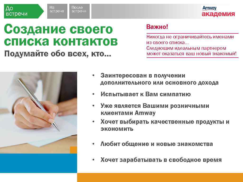 До встречи На встрече После встречи Создание своего списка контактов Подумайте обо всех, кто.