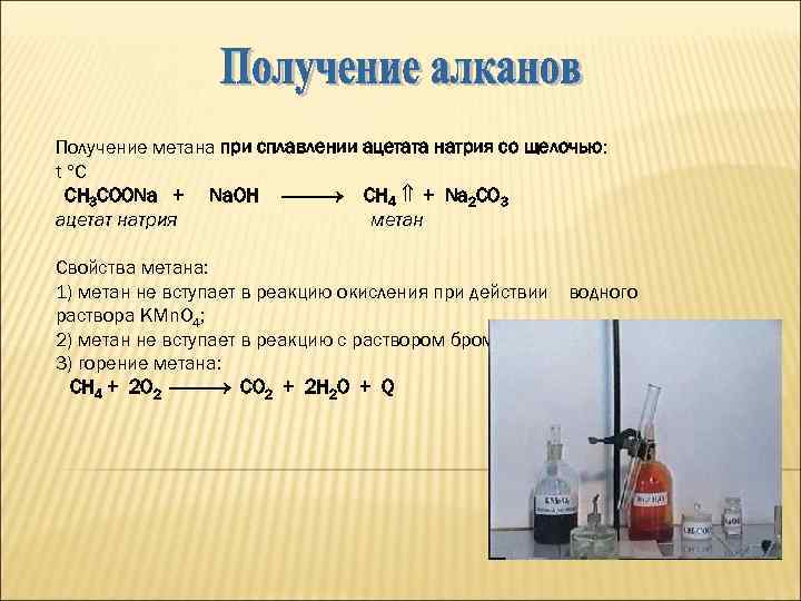 Получение метана при сплавлении ацетата натрия со щелочью: t C CH 3 COONa +