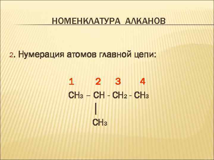 НОМЕНКЛАТУРА АЛКАНОВ 2. Нумерация атомов главной цепи: 1 2 3 4 CH 3 –