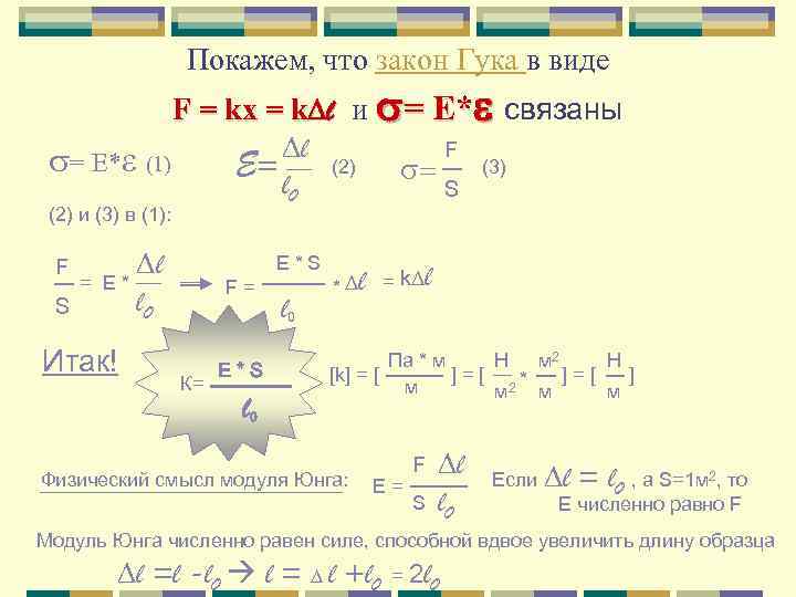Покажем, что закон Гука в виде F = kx = k l и s=