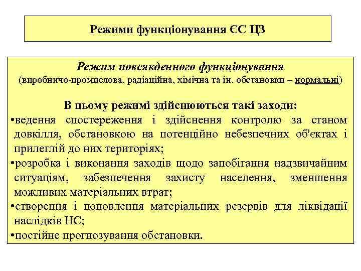 Режими функціонування ЄС ЦЗ Режим повсякденного функціонування (виробничо-промислова, радіаційна, хімічна та ін. обстановки –