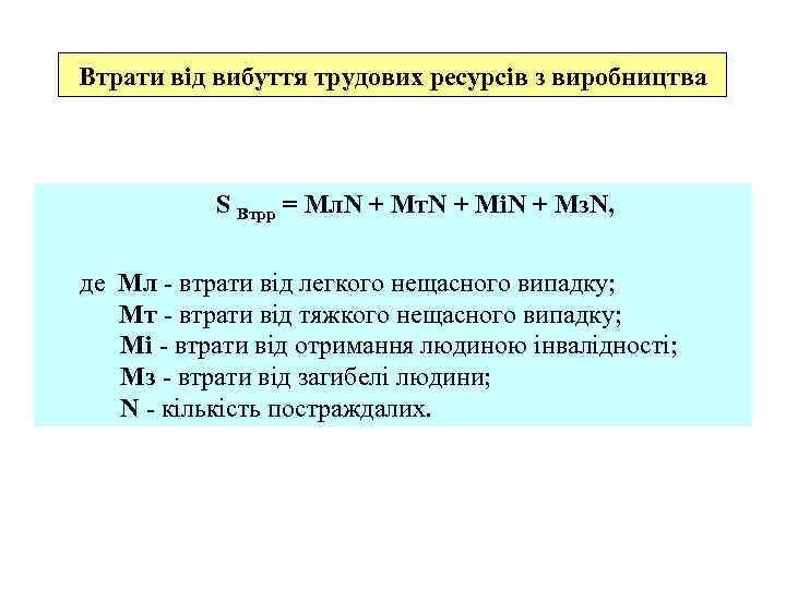 Втрати від вибуття трудових ресурсів з виробництва S Втрр = Мл. N + Мт.