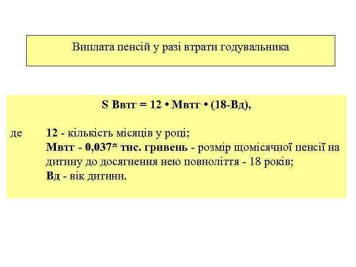 Виплата пенсій у разі втрати годувальника S Ввтг = 12 • Мвтг • (18