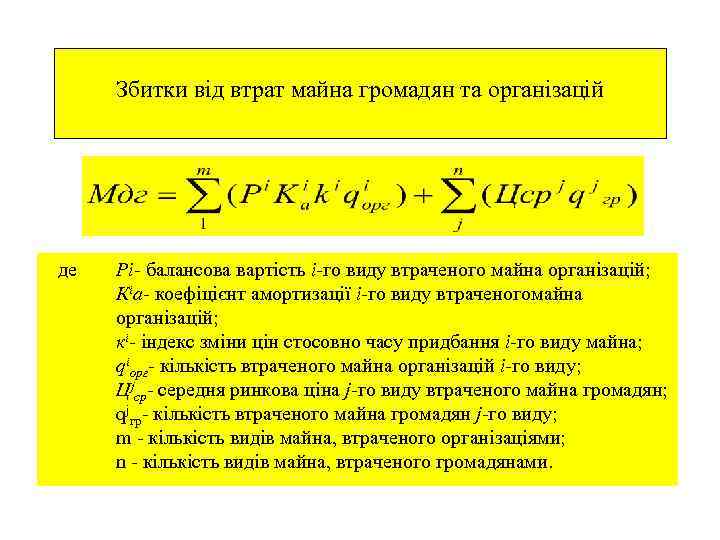 Збитки від втрат майна громадян та організацій де Рі- балансова вартість і-го виду втраченого