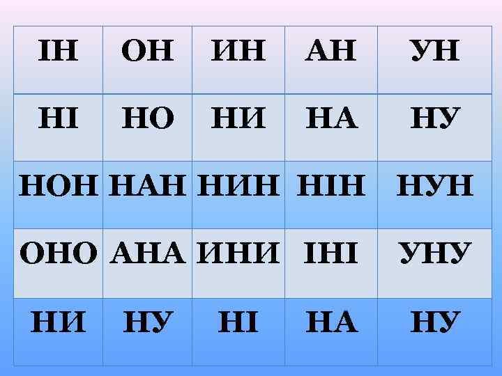 ІН ОН ИН АН УН НІ НО НИ НА НУ НОН НАН НИН НІН